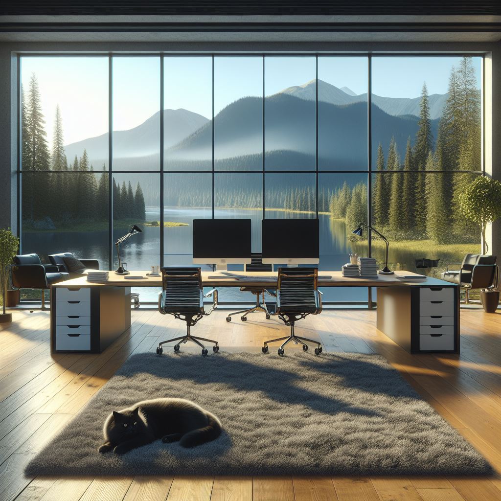 This image was created by AI. This image was created by AI. A large desk sits in the center of a large open office with a wall sized window showing off an amazing view of a tree covered mountainous landscape with a river splitting the land down the middle. In from the the desk a fluffy black cat lays on a rug in from of the desk.